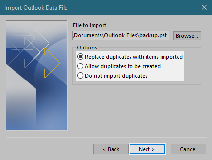 Outlook 365: File to import Options